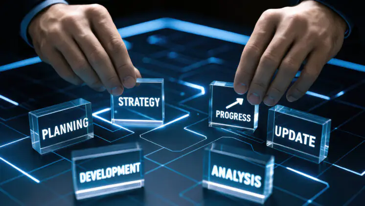 Hands arranging illuminated strategy and progress blocks, representing leadership continuity and Pragma’s next phase of growth.