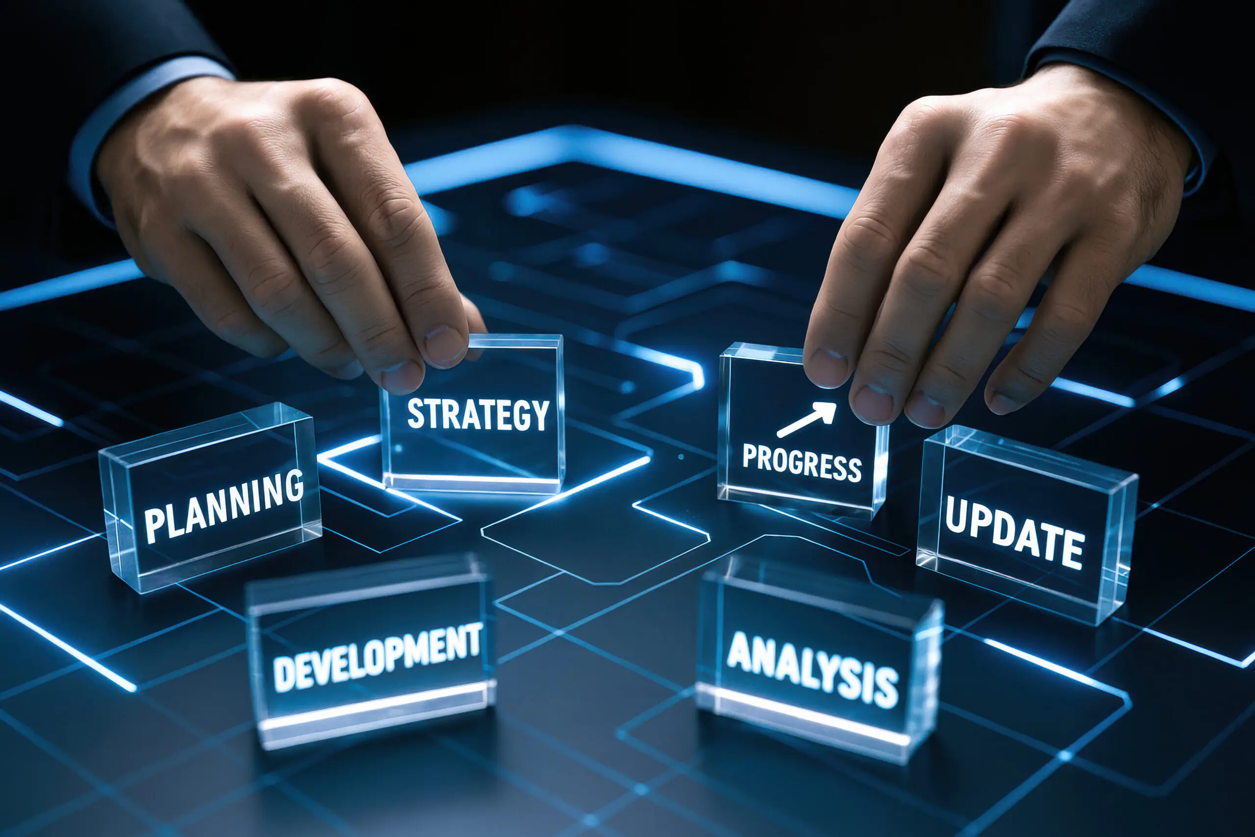 Hands arranging illuminated strategy and progress blocks, representing leadership continuity and Pragma’s next phase of growth.