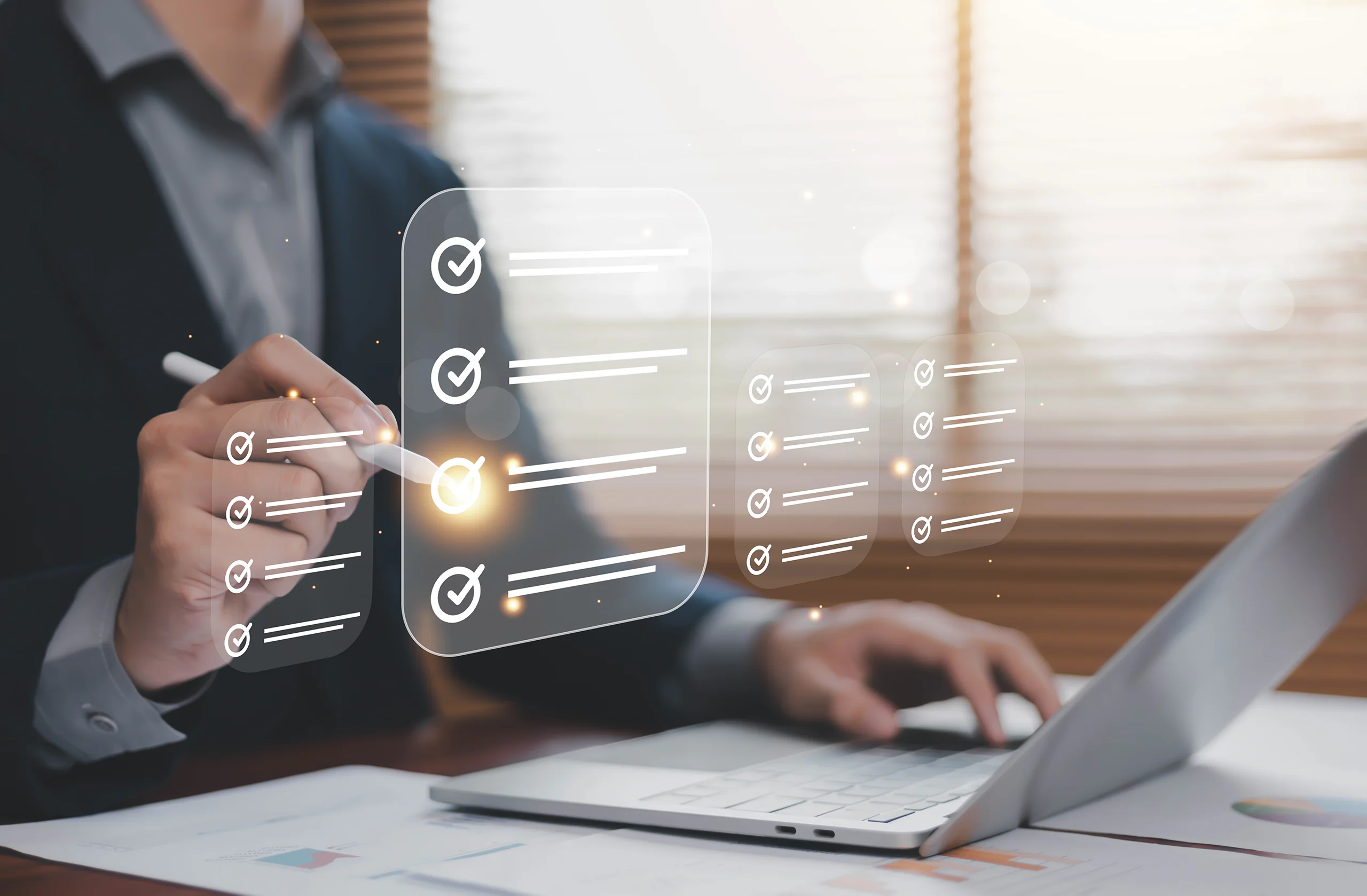 Professional reviewing a digital checklist representing the choice between Asset Management Masterclass and Awareness Training.