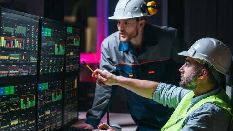 Maintenance professionals reviewing digital maintenance data and performance dashboards