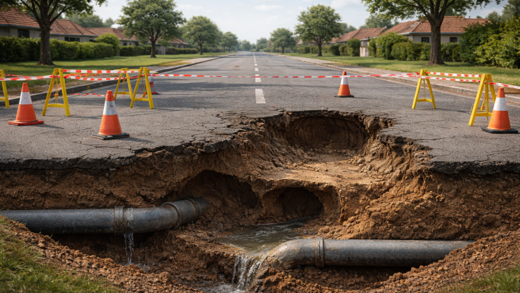 Sinkhole caused by failing underground water infrastructure, illustrating road collapse due to erosion and pipe leaks.