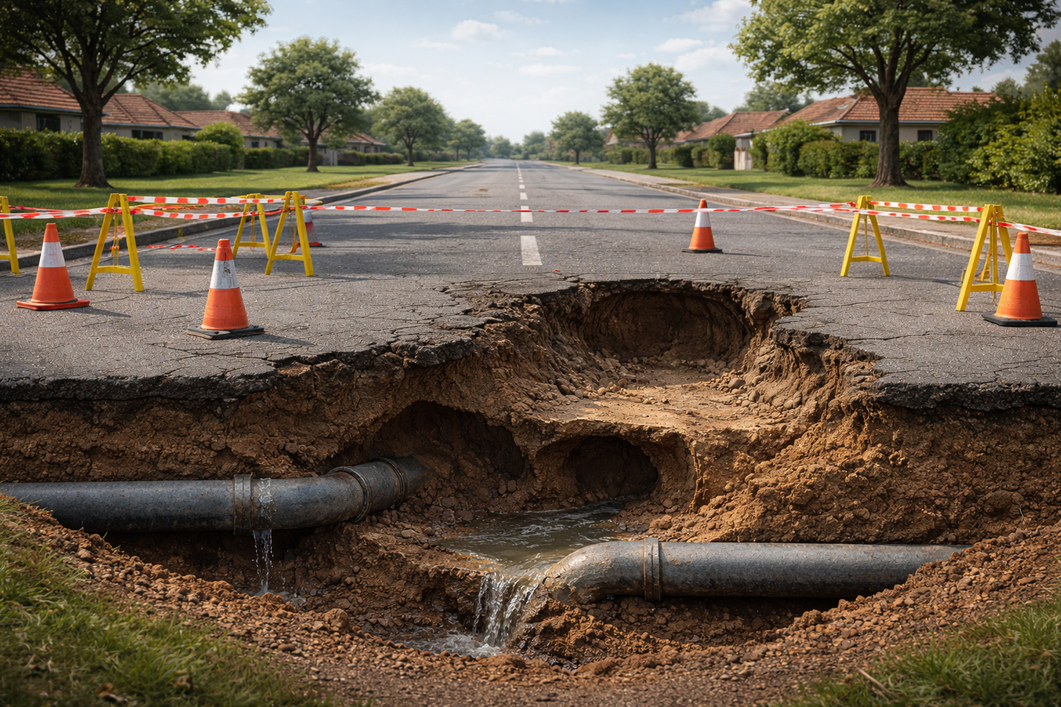 ChatGPT Image Feb 13, 2026, 01_10_35 PM Sinkhole caused by failing underground water infrastructure, illustrating road collapse due to erosion and pipe leaks.