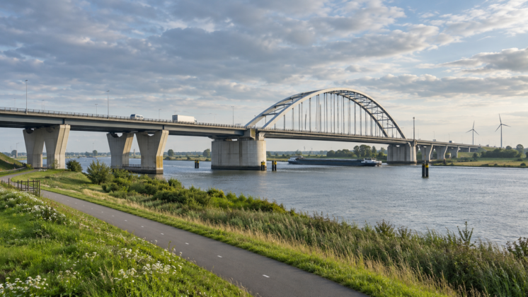 Road bridge carrying traffic over a Dutch river, with a barge passing underneath.