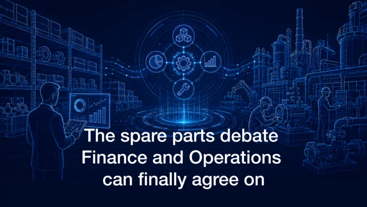 Digital illustration showing a warehouse, industrial plant and analytics dashboard connected through spare parts optimisation, highlighting alignment between Finance and Operations in asset management.