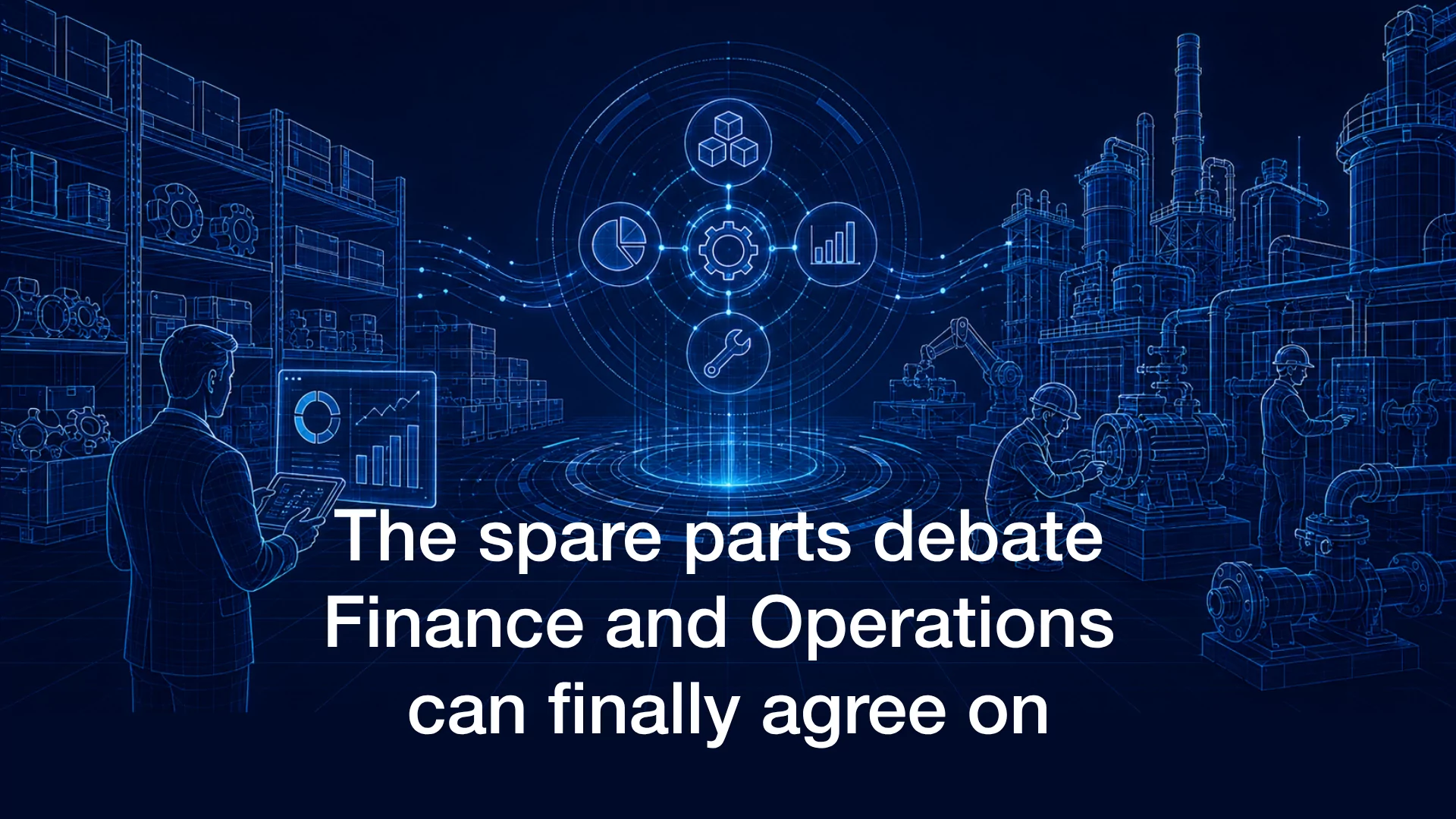Digital illustration showing a warehouse, industrial plant and analytics dashboard connected through spare parts optimisation, highlighting alignment between Finance and Operations in asset management.